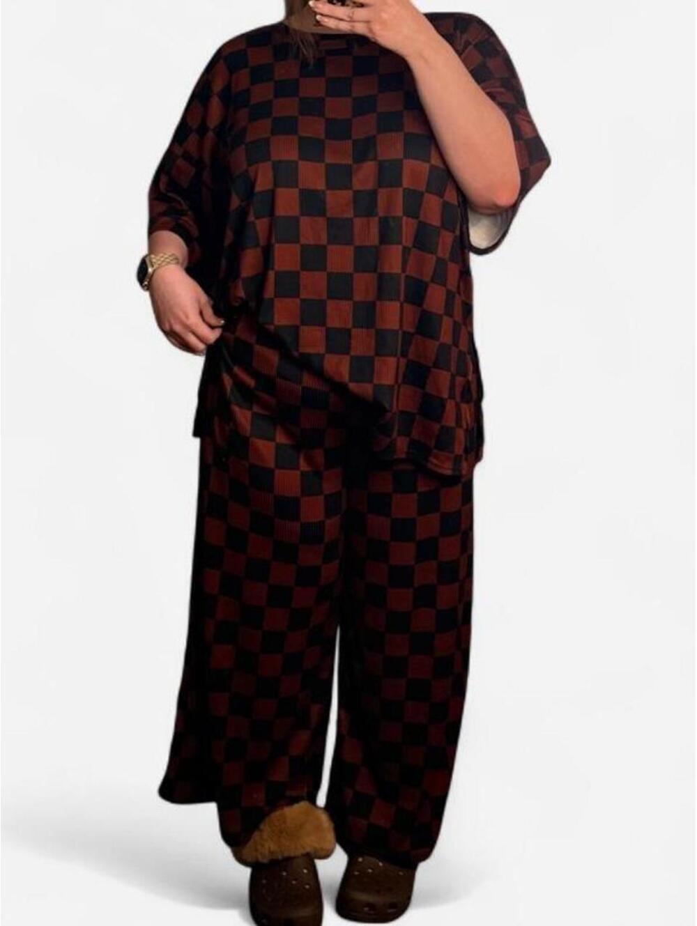 Mocha & Black Checkered Wide Leg Matching Set Plus Size XL